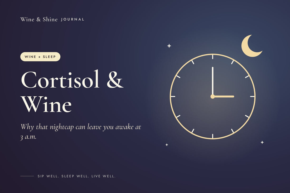Cortisol and Wine: a clock reading 3 o'clock beside a crescent moon on a night-blue background.