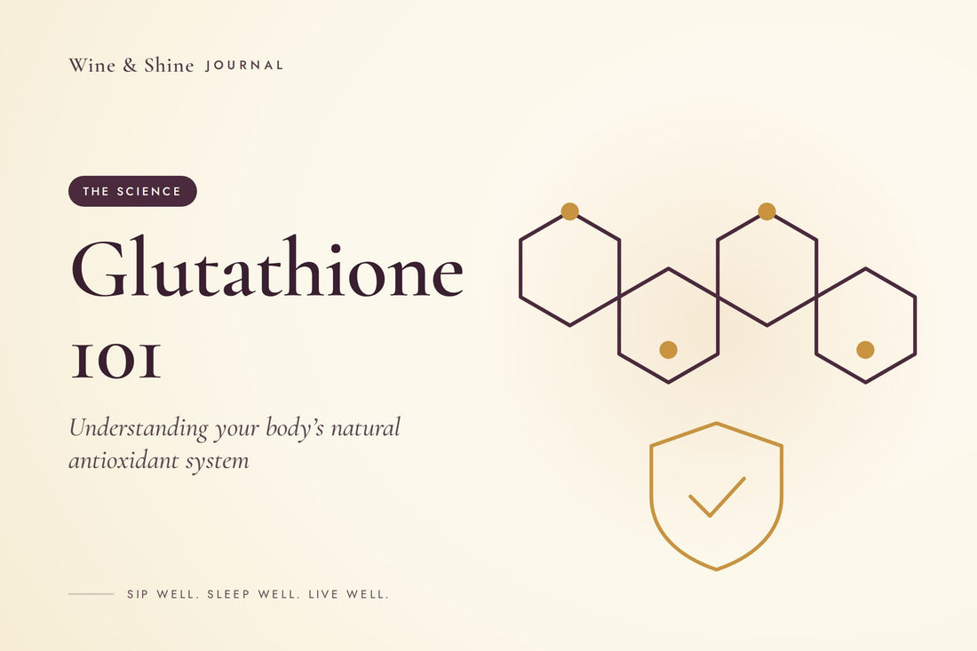 Glutathione 101: a molecule chain above a shield with a check mark on a cream background.