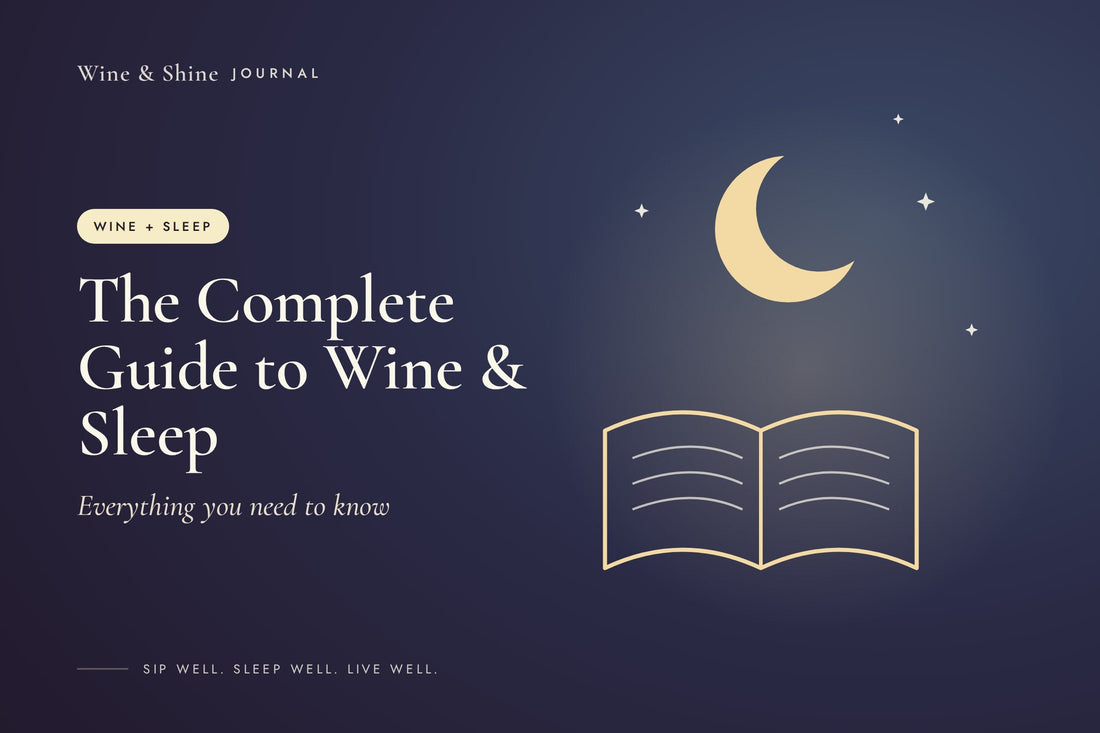 The Complete Guide to Wine and Sleep: an open book beneath a crescent moon and stars on a night-blue background.