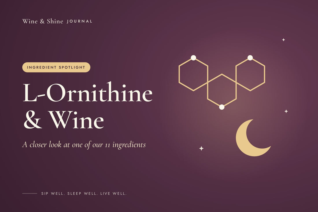 L-Ornithine and Wine: a gold molecule outline and a crescent moon on a plum background.