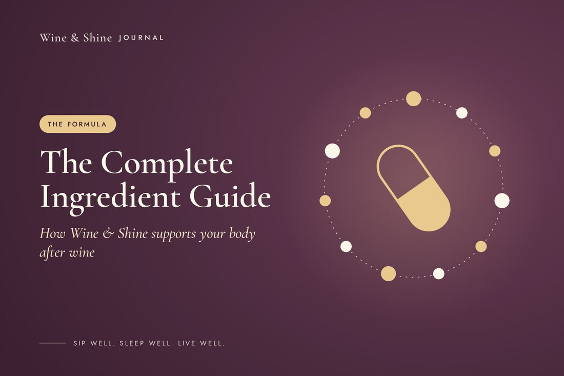 The Complete Ingredient Guide: a gold capsule circled by a ring of dots on a plum background.